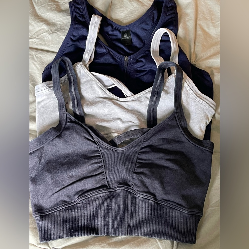 3 Sports Bras - Navy, White, and Charcoal